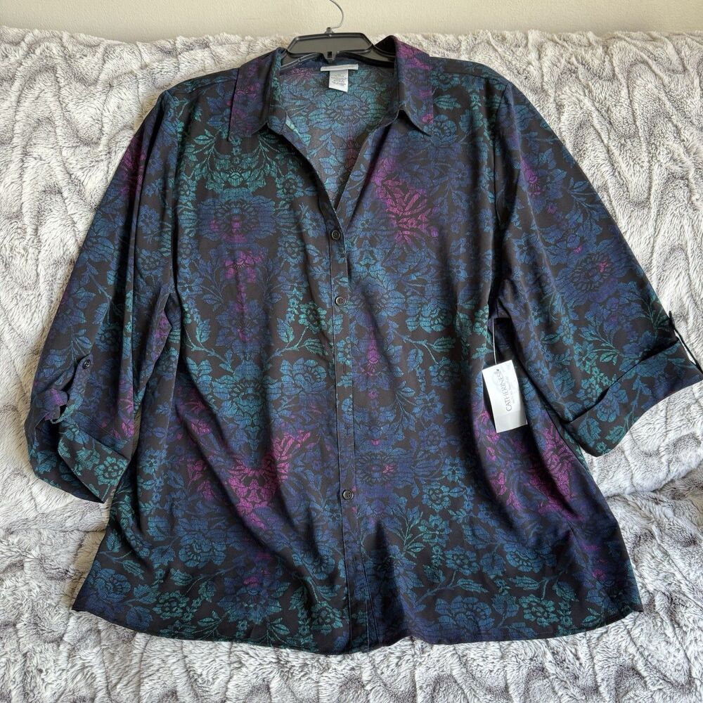 Catherines Women's Blouse Black / Green Floral 3/4 Sleeve  Size 1X Career